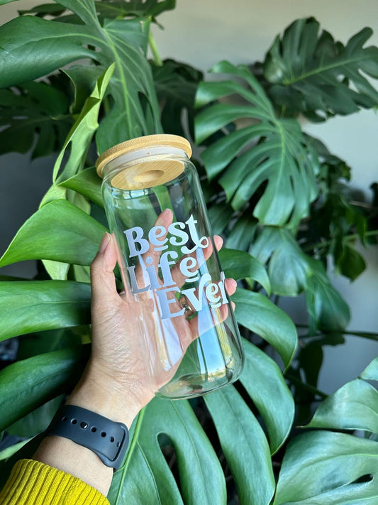 Best Life Ever Glass w/ Straw | Iced Coffee Glass w/ Natural Bamboo Top | La mejor vida vaso | JW Best Life Ever Glass | La vida más hermosa