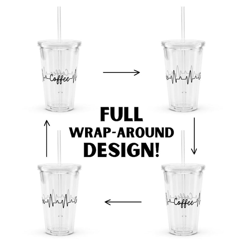 Iced Coffee Latte Acrylic Tumbler, 16oz Cold Cup, Clear Acrylic, Plastic Boho Tumbler, Nurse Gift, Lifeline Tumbler, Cold Drink Lid & Straw