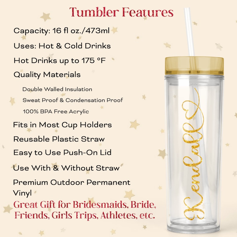 Personalized Tumbler with Lid and Straw, a Skinny Acrylic Clear Water Bottle | Use as Gift for Her, Bridal Party Gift, Bridesmaid Proposal