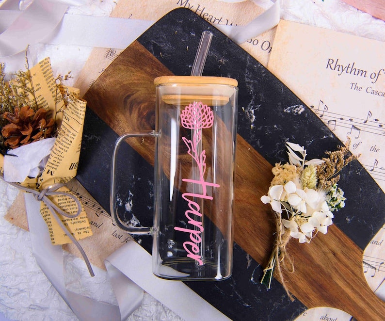 Personalised Birth Flower Tumbler, Transparent Water Cup with Handle and Straw, Bridesmaid Gift, Mothers Day Gift, Office Gift, Gift for Her