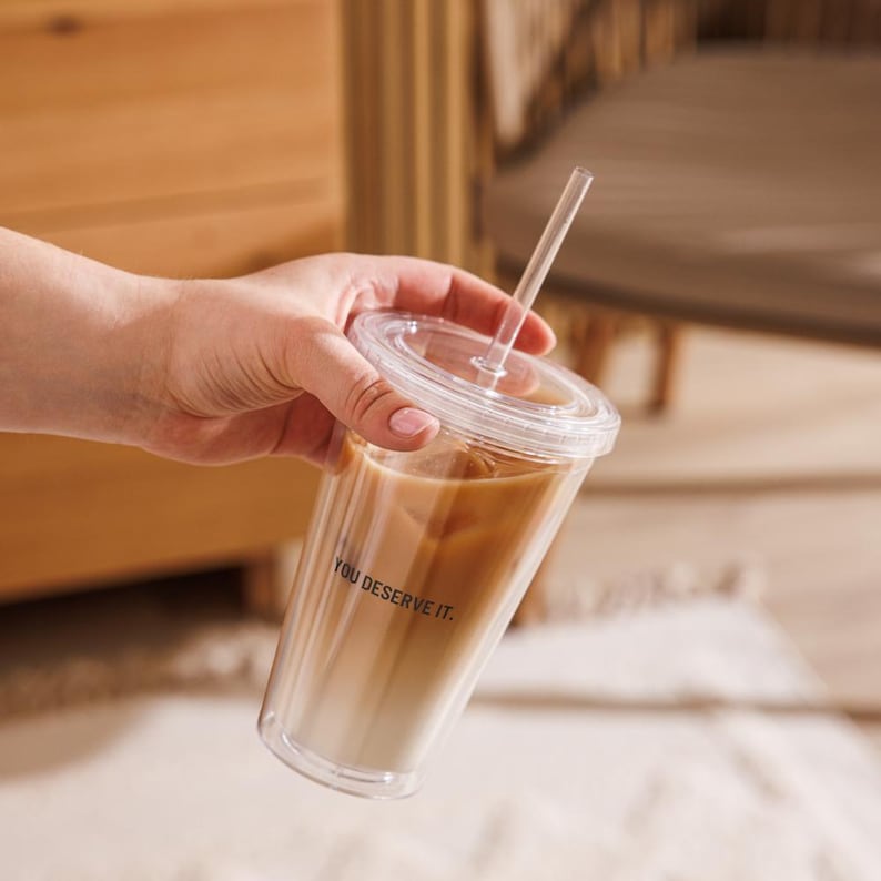 Reusable Transparent Coffee Mug Coffee Mug Tumbler Acrylic You deserve it minimalistic trend design Iced Coffee Acrylic Clean Girl With Straw
