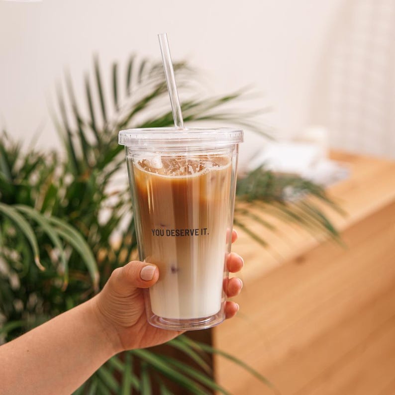 Reusable Transparent Coffee Mug Coffee Mug Tumbler Acrylic You deserve it minimalistic trend design Iced Coffee Acrylic Clean Girl With Straw