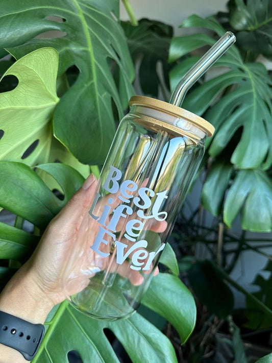 Best Life Ever Glass w/ Straw | Iced Coffee Glass w/ Natural Bamboo Top | La mejor vida vaso | JW Best Life Ever Glass | La vida más hermosa