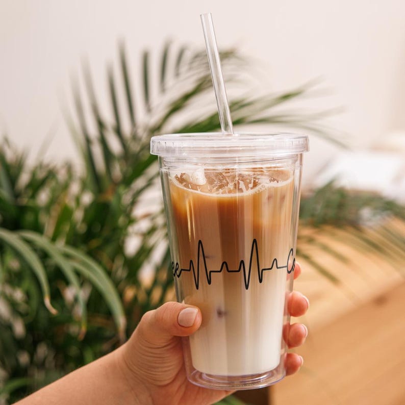 Iced Coffee Latte Acrylic Tumbler, 16oz Cold Cup, Clear Acrylic, Plastic Boho Tumbler, Nurse Gift, Lifeline Tumbler, Cold Drink Lid & Straw