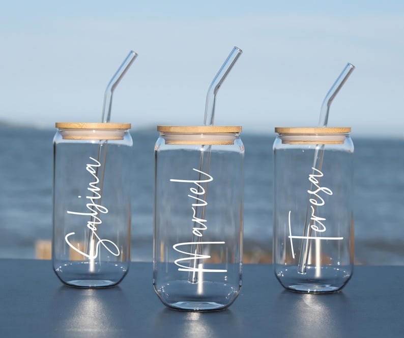 Personalized Glass Cup with Lid and Straw, Custom Iced Coffee Cup, Beer Tumbler, Bridesmaids Gifts, Bridesmaid Proposal, Bridesmaid Tumbler
