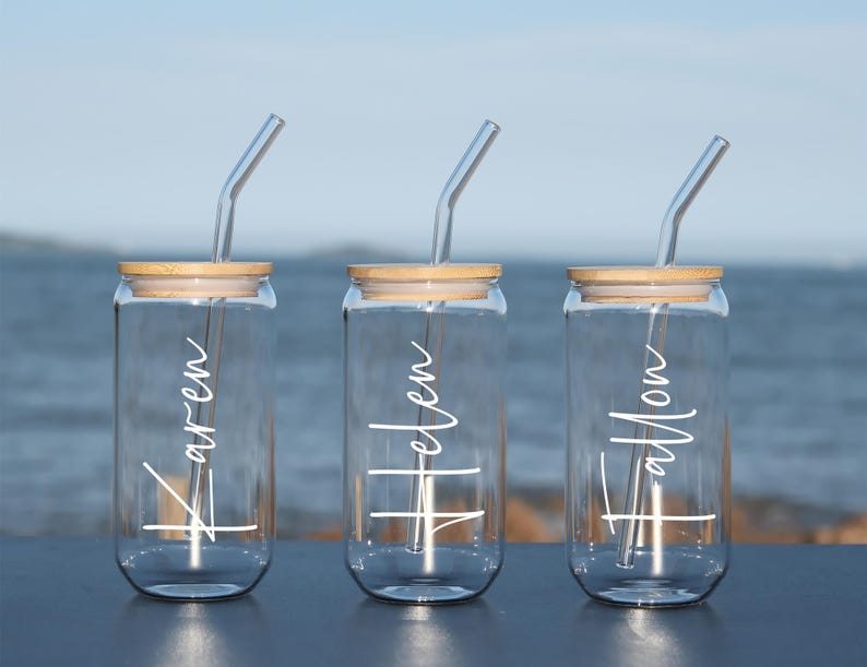 Personalized Glass Cup with Lid and Straw, Custom Iced Coffee Cup, Beer Tumbler, Bridesmaids Gifts, Bridesmaid Proposal, Bridesmaid Tumbler