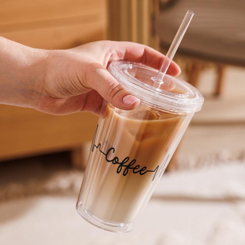 Iced Coffee Latte Acrylic Tumbler, 16oz Cold Cup, Clear Acrylic, Plastic Boho Tumbler, Nurse Gift, Lifeline Tumbler, Cold Drink Lid & Straw
