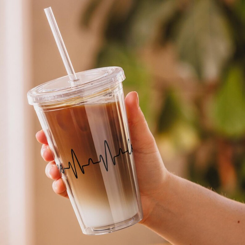 Iced Coffee Latte Acrylic Tumbler, 16oz Cold Cup, Clear Acrylic, Plastic Boho Tumbler, Nurse Gift, Lifeline Tumbler, Cold Drink Lid & Straw