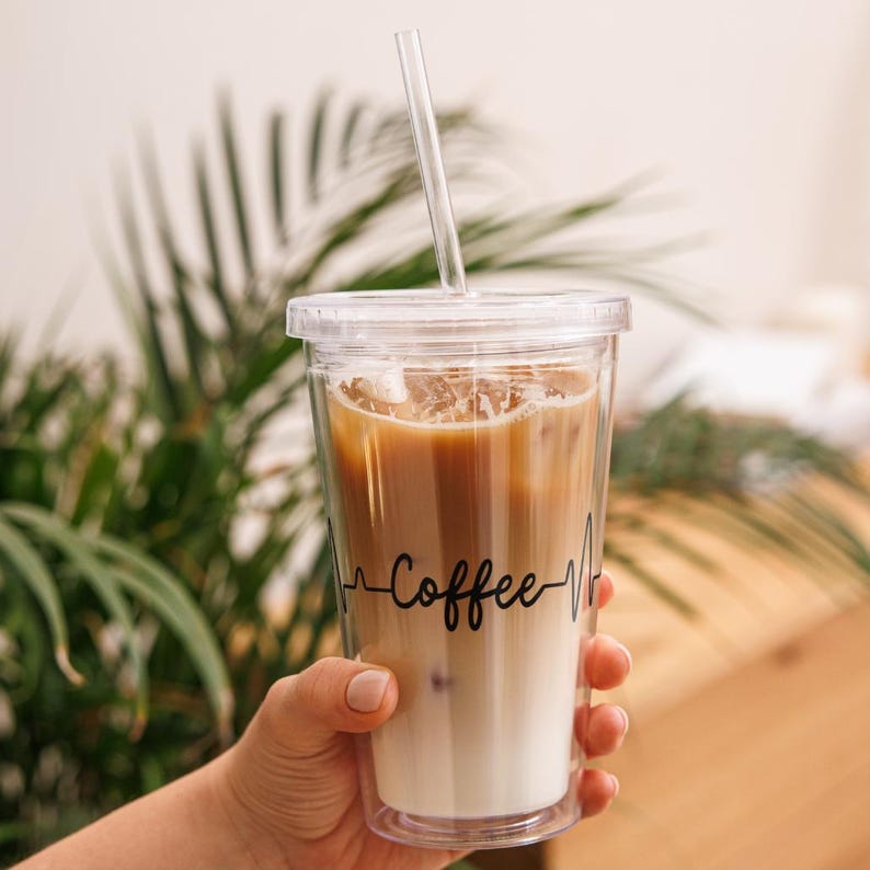 Iced Coffee Latte Acrylic Tumbler, 16oz Cold Cup, Clear Acrylic, Plastic Boho Tumbler, Nurse Gift, Lifeline Tumbler, Cold Drink Lid & Straw