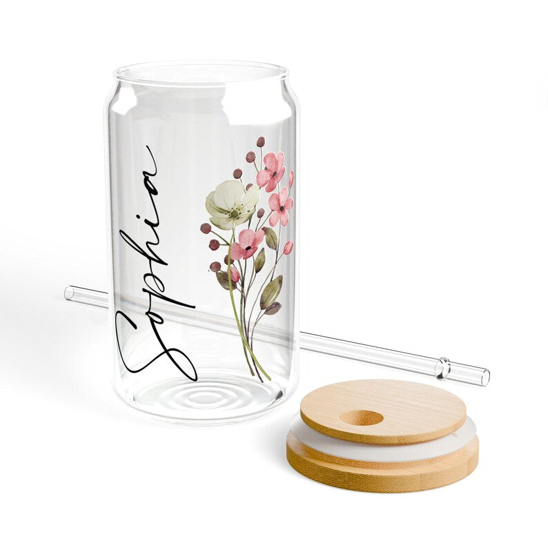 Floral Sipper Glass - Eco-Friendly Drinkware, Cute Summer Cup, Gift for Nature Lovers, Reusable Water Bottle, Spring Picnic Essential