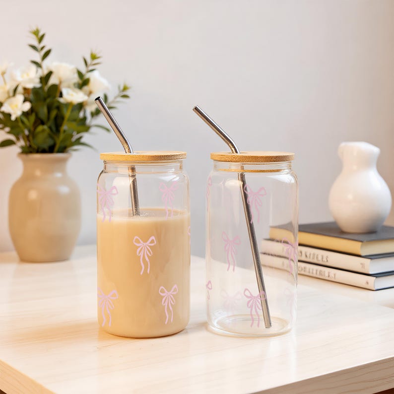 Pink Bow Coffee Tumbler,Personalized Iced Coffee Cup,Pink Bow Cup Coquette,Cute Bow Glass Cup With Straw,Birthday Gift,Bestie Sister Gifts