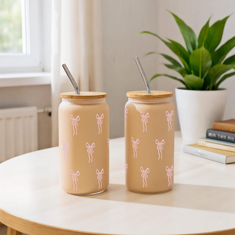 Pink Bow Coffee Tumbler,Personalized Iced Coffee Cup,Pink Bow Cup Coquette,Cute Bow Glass Cup With Straw,Birthday Gift,Bestie Sister Gifts
