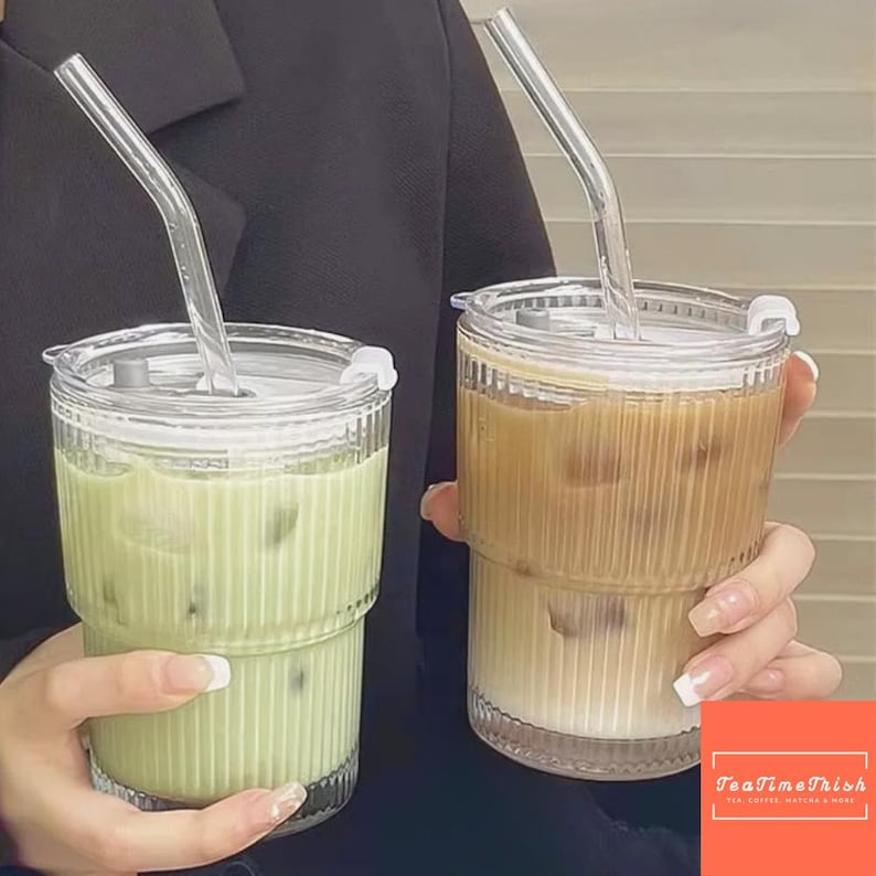 450ml Glass Cup with Lid & Straw Leakproof Iced Coffee Mug Tea Cup Reusable Drinking Glass Heat Resistant Water Bottle Drinkware