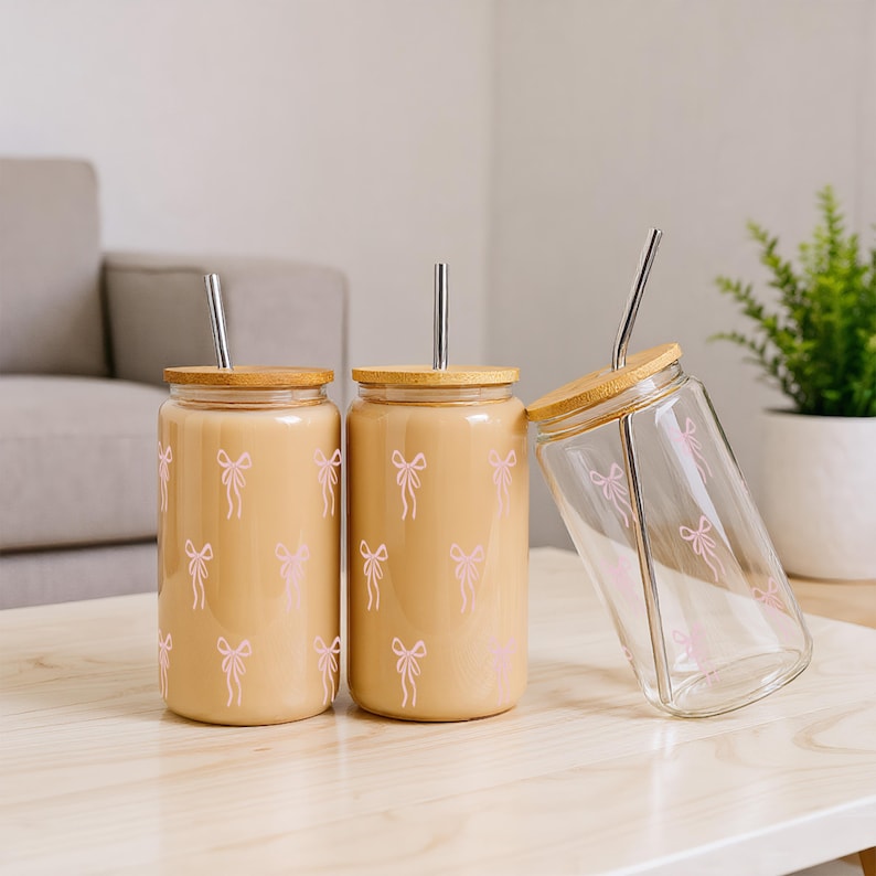 Pink Bow Coffee Tumbler,Personalized Iced Coffee Cup,Pink Bow Cup Coquette,Cute Bow Glass Cup With Straw,Birthday Gift,Bestie Sister Gifts