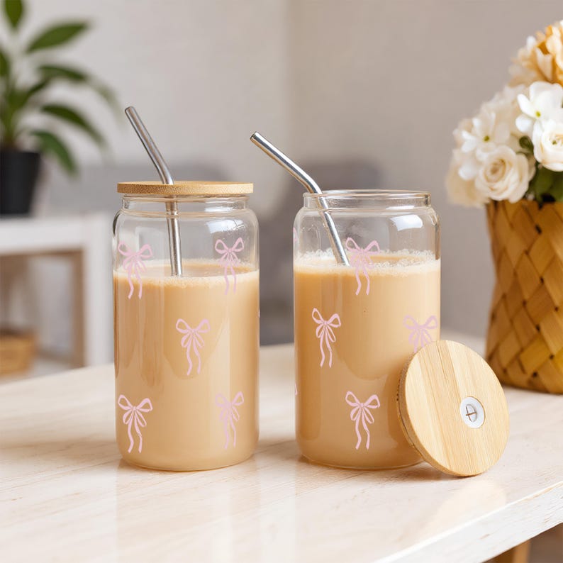 Pink Bow Coffee Tumbler,Personalized Iced Coffee Cup,Pink Bow Cup Coquette,Cute Bow Glass Cup With Straw,Birthday Gift,Bestie Sister Gifts