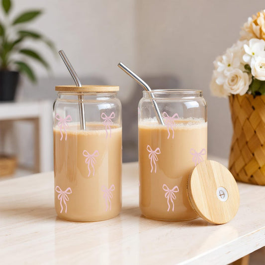 Pink Bow Coffee Tumbler,Personalized Iced Coffee Cup,Pink Bow Cup Coquette,Cute Bow Glass Cup With Straw,Birthday Gift,Bestie Sister Gifts